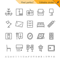 Home furniture thin icons. Pixel perfect. Editable stroke.