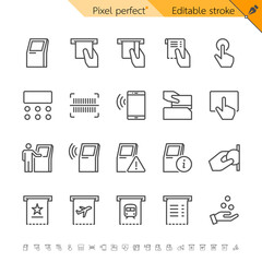 Self service kiosk and atm thin line icon set for payment and ticketing. Pixel perfect. Editable stroke.