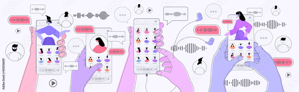 Poster hands using smartphones communicate by voice messages audio chat application social media online com