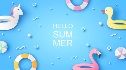 Summer pool with swim ring equipment, beach ball floating on water surface and Hello Summer text. Swimming pool in summer. Hello Summer poster. paper cut and craft style. vector, illustration.