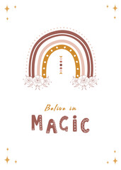 Posters with abstract rainbow and moon. Believe in magic. Scandinavian design for wallpaper and home decor. Contemporary geometric backgrounds. Modern vector illustration in flat style.