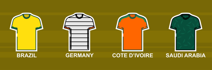 Men's football jersey 2021. Brazil, Germany, Côte d'Ivoire, and Saudi Arabia.  Icon football jersey vector illustration.