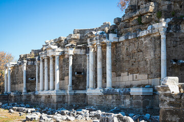 An antique ruined city of columns.Ruin. View of the ancient city in Side, Turkey.
