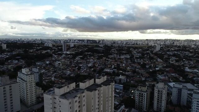 Aerial drone video of the city of S&atilde;o Paulo. Congonhas airport in the background