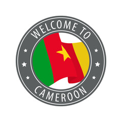 Welcome to Cameroon. Gray stamp with a waving country flag.