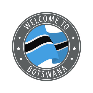 Welcome to Botswana. Gray stamp with a waving country flag.
