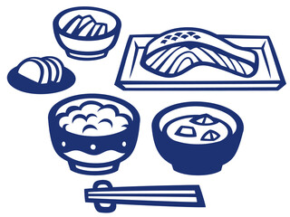 和食の切り絵風イラスト（紺色）