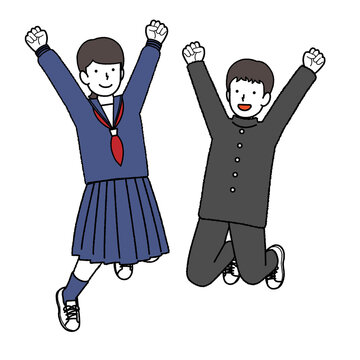 Male and female students in school uniforms and sailor suits to jump