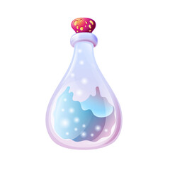 Magic Vector Cartoon Potion Glass Flask Bottle. Vial with Colorful Liquid in Jar for Game Design GUI Concept. alchemy or chemistry magnificent elixir in phial. Isolated. Mana, health, poison