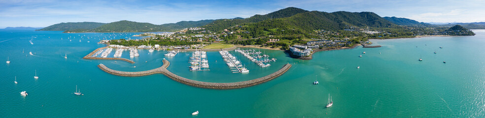 Aerial panoramic view of the marina at beautiful Airlie Beach in Queensland Australia
