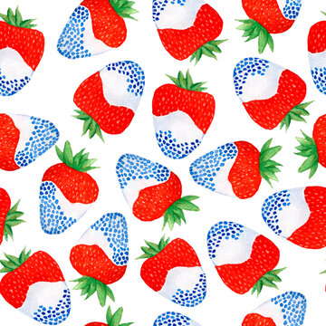 Watercolor seamless hand drawn pattern for patriotic 4th fourth of July Independence Day celebration. Design with sweets desserts candies popisicles ice cream cupcake donuts. Red blue white stars