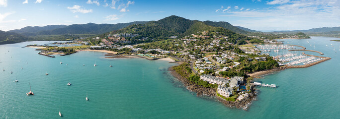 Aerial panoramic morning view of beautiful Airlie Beach in Queensland Australia