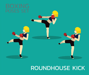 Roundhouse Kick Manga Boxing Poses Set Woman Cartoon Vector Illustration