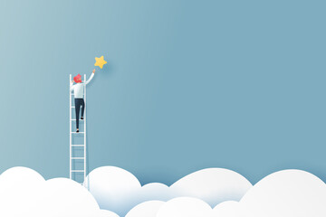 Businessman on a ladder reaching the star above cloud.Business concept.Paper art vector illustration. - obrazy, fototapety, plakaty