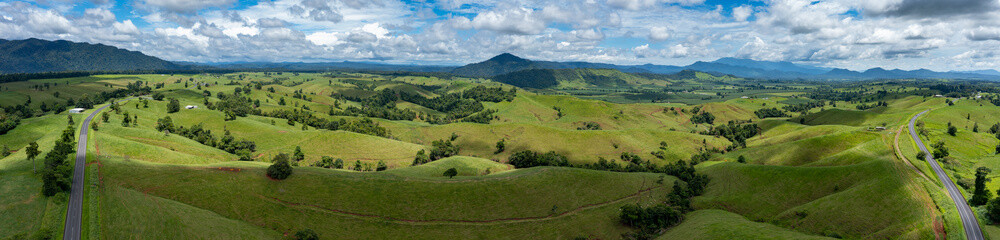Fototapeta na wymiar Aerial panoramic view of the Atherton Tablelands in Queensland from the Palmerstone Highway, East Palmerstone