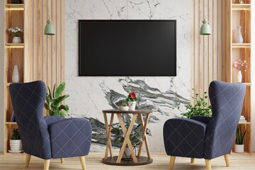 TV on the marble wall in the living room has an armchair set on the wooden floor, decorated with lamps, flower pots and vases.3d rendering.