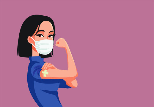Asian Woman Showing Vaccinated Arm Vector Illustration