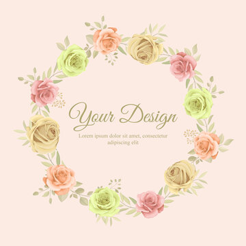 Beautiful floral frame template with hand drawn roses flower ornament