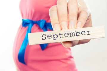 Woman in pregnant wearing pink dress with blue ribbon and showing word september. Expecting for newborn and expansion of family