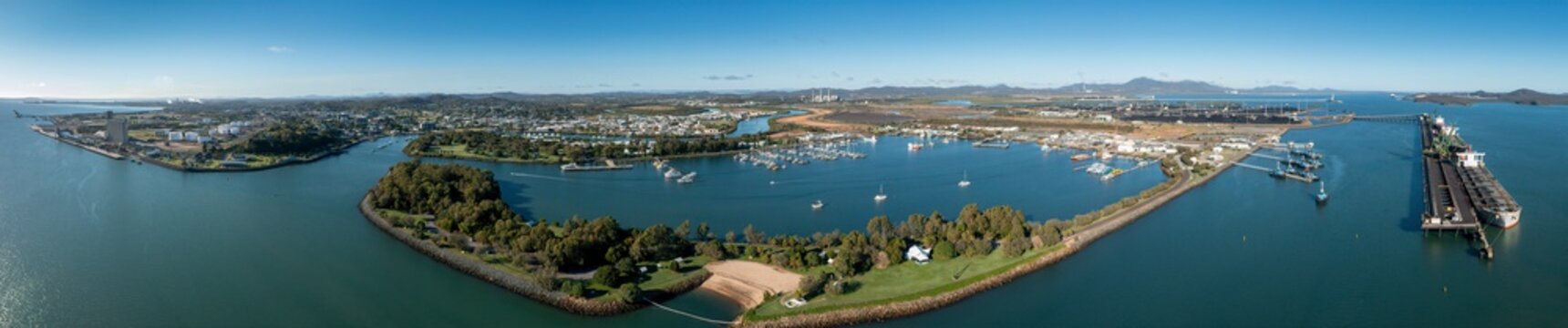 Aerial Panoramic View Of Gladstone Town And Industrial Port In Queensland Australia