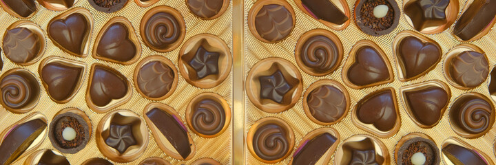 chocolate banner.Chocolate candy  brown background.Sweets and chocolate.chocolate truffles assortment.sweets banner.dark chocolate sweets. Chocolate candy box	