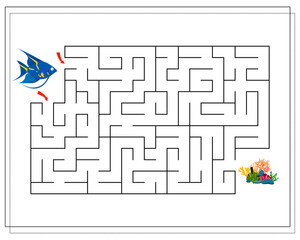 a maze game for kids. help the fish swim to the coral. cartoon fish of blue color with yellow stripes. vector isolated on a white background