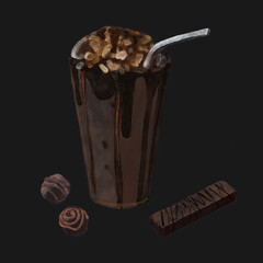 chocolate illustration on black background | watercolor painting | tasty dessert isolated