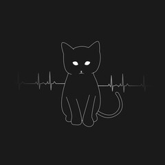 heart rate background with line art cat illustration with black background
