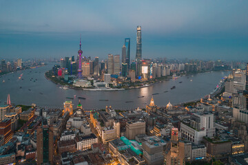 Naklejka premium Aerial view of Lujiazui, the financial district in Shanghai, China, night view.