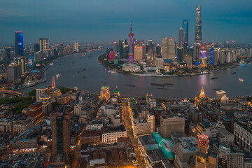 Naklejka premium Aerial view of Lujiazui, the financial district in Shanghai, China, night view.