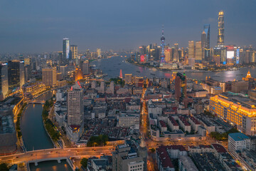 Aerial view of Lujiazui, the financial district in Shanghai, China, night view.