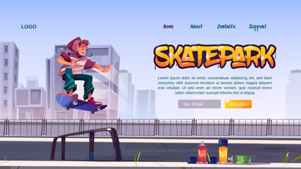 Skate park website with boy riding on skateboard on rollerdrome. Vector landing page with cartoon cityscape, teenager jump on track, aerosols for graffiti. Playground for extreme sport activity © klyaksun