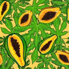 seamless bright tropical pattern with doodles of papaya cut in half and leaves on orange backdrop