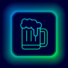 Glowing neon line Wooden beer mug icon isolated on black background. Colorful outline concept. Vector