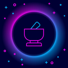 Glowing neon line Mortar and pestle icon isolated on black background. Colorful outline concept. Vector