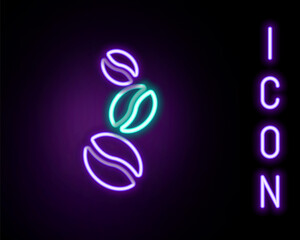 Glowing neon line Coffee beans icon isolated on black background. Colorful outline concept. Vector