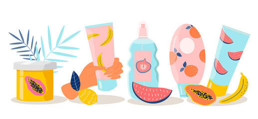 vector hand drawn illustration - set on the theme of cosmetics, skin care. jars,  tubes with cosmetics, palm leaves, fruits. cosmetics with fruit acids. trend illustration in flat style.