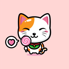 cartoon cute lucky cat vector design holding a lollipop