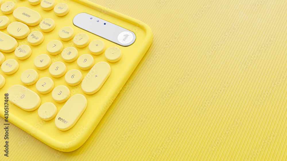 Poster yellow pastel keyboard with round keys and copy space for your text. minimal idea concept, 3d render