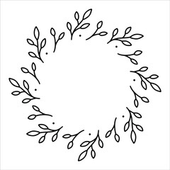 Obraz premium Vector hand drawn spring wreath isolated on white background. Outline circle of leaves. Doodle style. Floral frame.