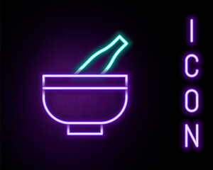 Glowing neon line Mortar and pestle icon isolated on black background. Colorful outline concept. Vector