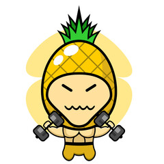 cartoon pineapple mascot costume raised barbell vector illustration