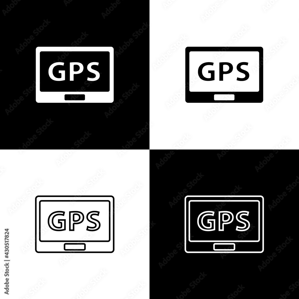 Poster set gps device with map icon isolated on black and white background. vector illustration