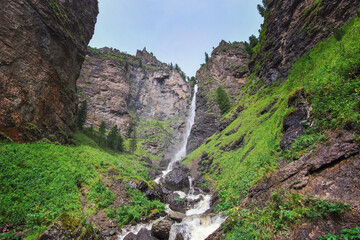 High waterfall Giraffe among the rocks on the Shinok river taiga and forest, stones and streams of water in the Altai mountains