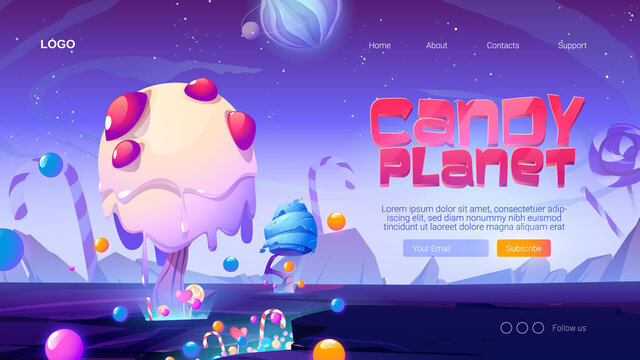 Candy planet cartoon landing page with fantasy alien trees and sweets. Magic unusual nature landscape for computer game, fairy tale cosmic background with beautiful strange plants, vector web banner