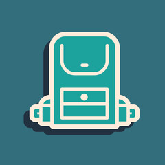 Green Hiking backpack icon isolated on green background. Camping and mountain exploring backpack. Long shadow style. Vector