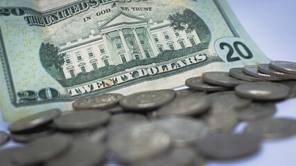 coins and bills of dollars and sol, peruvian currency