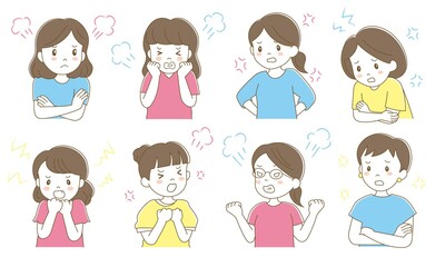 怒るリアクションの女性8人セット