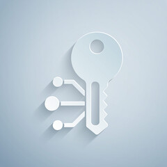 Paper cut Cryptocurrency key icon isolated on grey background. Concept of cyber security or private key, digital key with technology interface. Paper art style. Vector