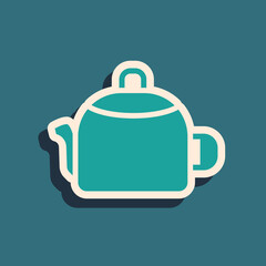 Green Kettle with handle icon isolated on green background. Teapot icon. Long shadow style. Vector